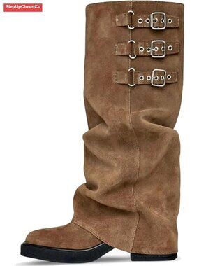 MAVMAX Women Slouchy Knee High Boots Casual Round Toe Pull On Riding Biker